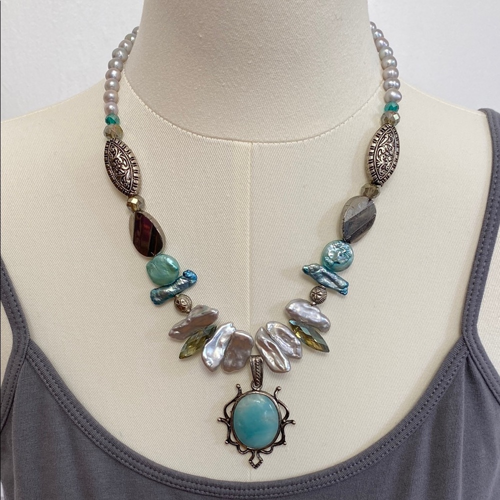 Larimar Stone Pendant and Freshwater Pearl Necklace